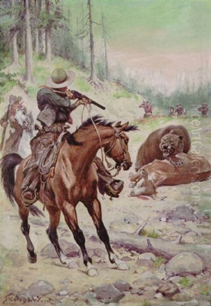 Hunters On Horseback Prepare To Fire On Grizzly, Slaughtered Cow by Stanley L. Wood