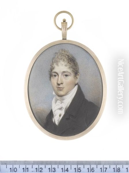 A Gentleman, Wearing Black Coat, White Waistcoat, Stock And Cravat, A Gold Shirt Pin To His Chemise, His Hair Lightly Powdered And Cropped by William Wood