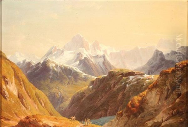 View Of The Finsteraarhorn Range With Travelers In The Foreground by Edmund von Woerndle zu Adelsfried und Weiherburg