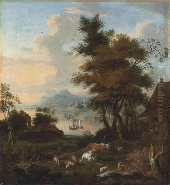 A Wooded River Landscape With Herdsmen Resting With Their Cattle And Sheep, Cottages Beyond by Jean Francois de Wouters