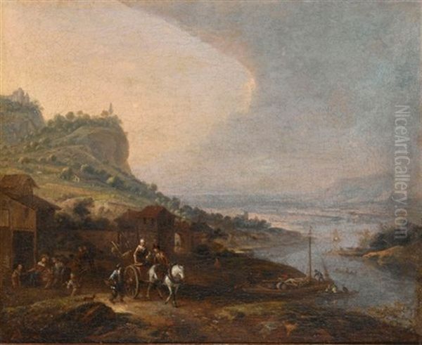 An Extensive River Landscape With A Horse-drawn Cart Near A Tavern by Jean Francois de Wouters