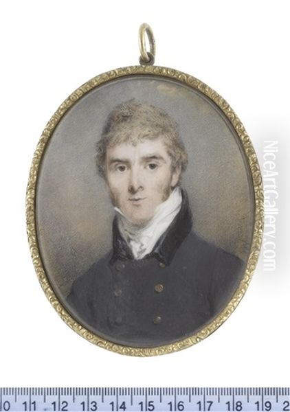 A Gentleman, Wearing Dark Blue Coat With Black Collar And Brass Buttons, White Stock And Cravat by John Wright