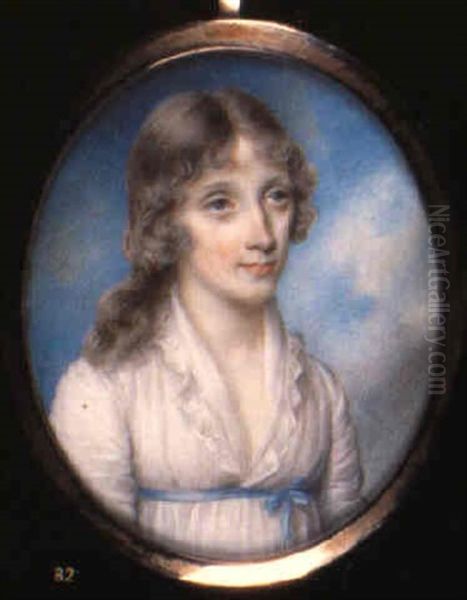 Portrait Of Lady In White Dress With Blue Ribbon Waistband by John Wright