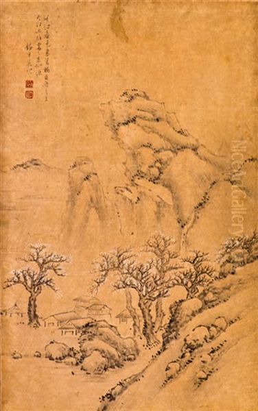 A Framed Silk Painting Of Landscape Motif, After Xi Gang by  Xi Gang