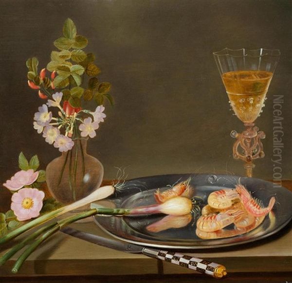 A Still Life With Flowers In A Vase, A Facon De Venise Glass And Spring Onions And Shrimp On A Silver Platter On A Table by Frans Ykens