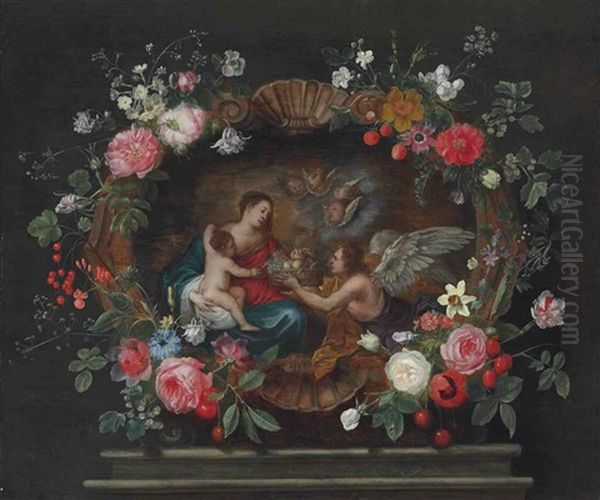 The Madonna And Child With Attendant Angels, In A Sculpted Cartouche Decorated With Roses, Columbines, Daffodils And Other Flowers On A Plinth by Frans Ykens