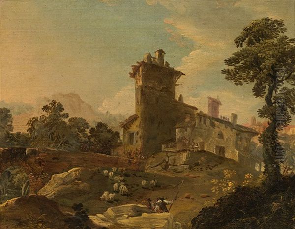 Landscape With Farmhouse And Shepherds by Giuseppe Zais