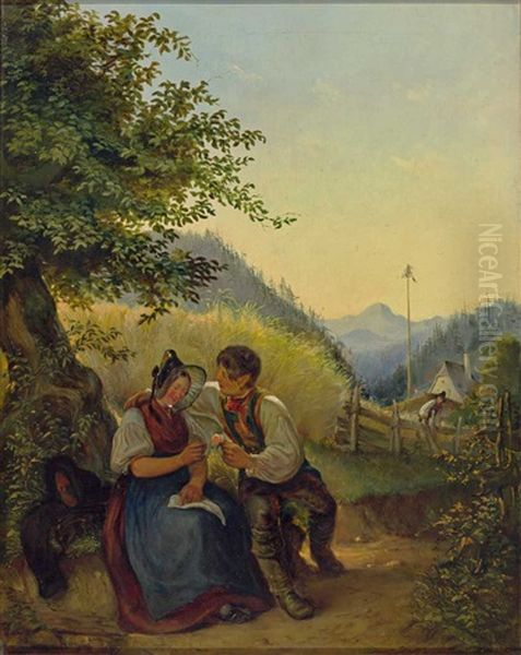 Liebespaar In Tracht Unter Einem Baum In Sommerlicher Voralpenlandschaft by Franz Zeilner