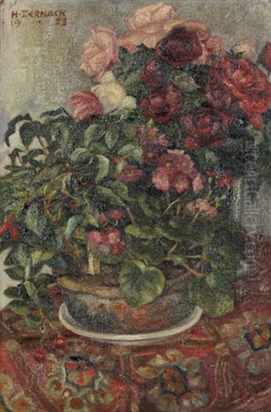 Stilleben Mit Blumentopf Und Vase Mit Rosen by Heinrich Zernack