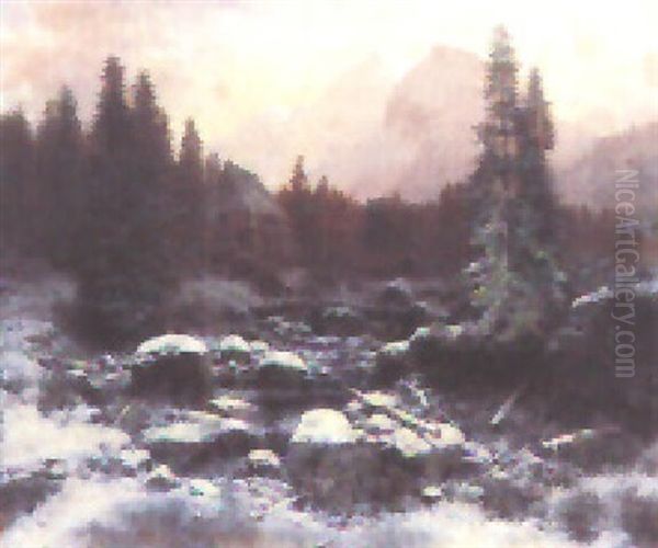 Winterliche Gebirgslandschaft Mit Vereistem Fluss by August Richard Zimmermann