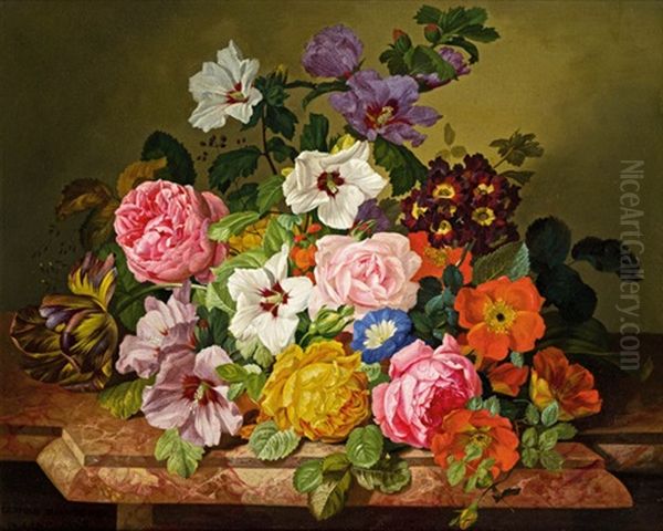 Stillleben Mit Rosen, Malven, Primel Und Tulpe by Leopold Zinnoegger