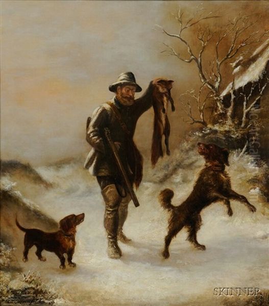 Huntsman With Fox And Hounds In Winter by Victor Zippenfeldt