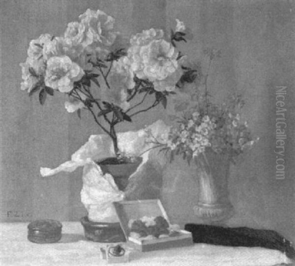 Stilleben Mit Feldblumenstraus, Handschuhen, Brosche In Kastchen Und Weiteren Geschenken by Ferdinand Zix