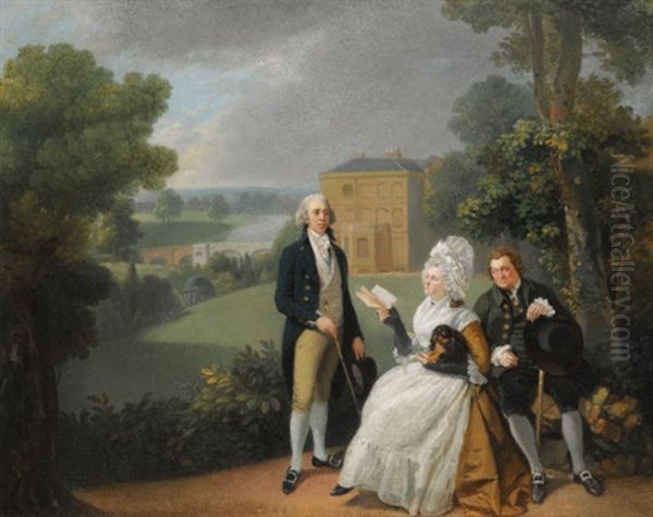 Portrait Of The Sayer Family With A View Of Bridge House, Richmond And The Shakespeare Temple Beyond by Johann Joseph Zoffany