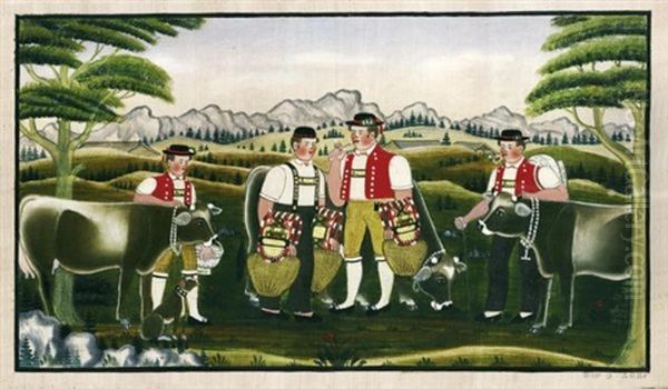 Vier Sennen, Zwei Beim Schellen Schutteln (four Senns, Two Ringing Bells) Oil Painting - Johannes Zuelle