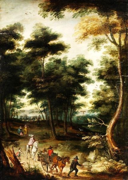 Pferdekarren Und Schimmelreiter Aufeinem Waldweg by Jan Brueghel Le Vieux