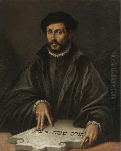 Portrait Of A Man, Half-length, Pointing At A Hebrew Tablet by Antonio Campi