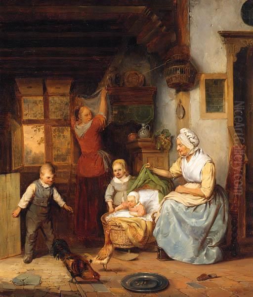 A Family In A Kitchen Interior Oil Painting - Johannes Antonius Canta