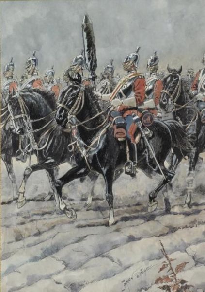 Un Groupe De Soldats Lanciers A Cheval by Emmanuel Poire, Dit Caran D'Ache