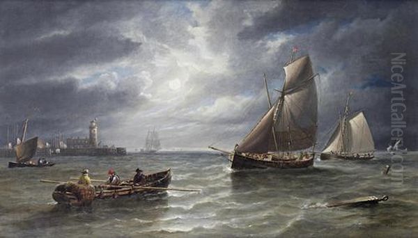 Small Traders And Fishing Boats Running Into Harbour By Moonlight by John Wilson Carmichael