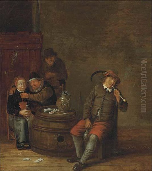 Boors Smoking And Drinking In An Interior by Franciscus Carree