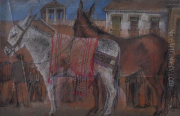 Two Donkeys In A Town With Figures by Allan Clark