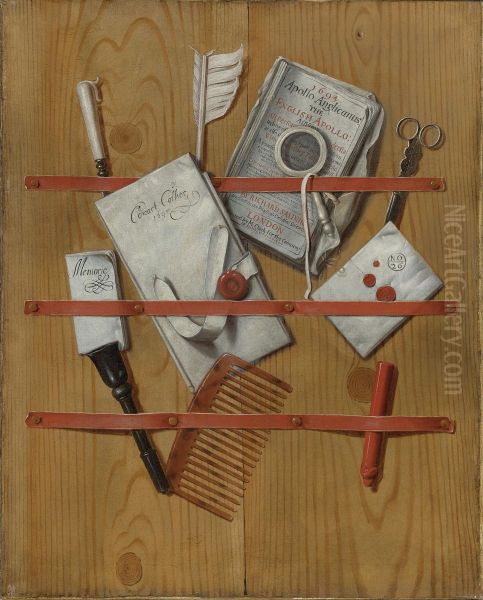 A Trompe L'oeil Still Life With Letters, A Magazine, A Notebook, A Magnifying Glass, Scissors, A Quill, A Letter Opener And A Tortoise Shell Comb by Edwart Collier