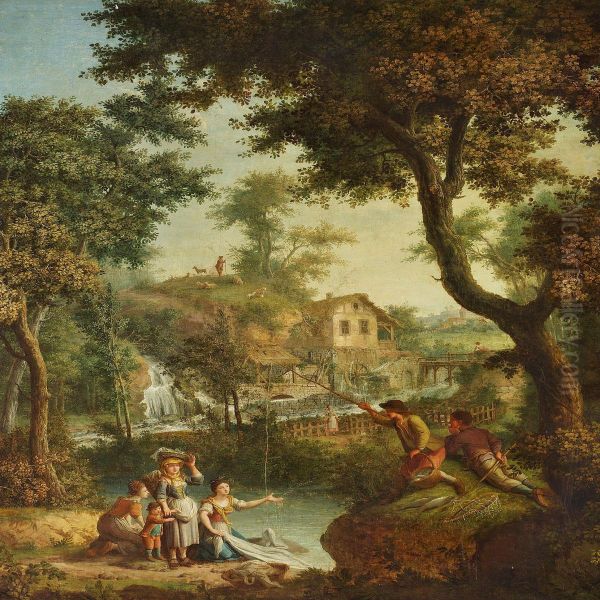 Pastoral Landscape With Waterfall And Village In The Background by Giovanni Battista Colombo