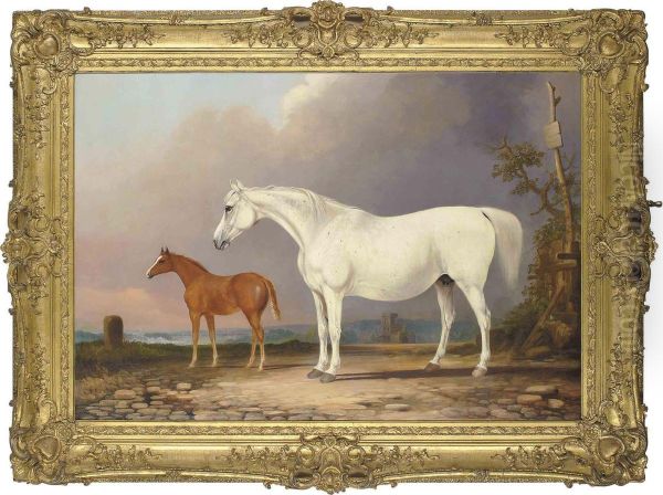 A Grey Mare And Her Chestnut Foal, In An Extensive Landscape by Abraham Cooper