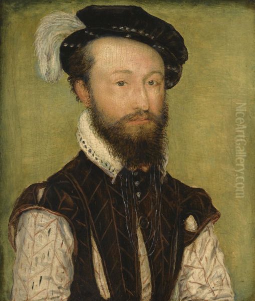 Portrait Of A Man, Half Length, In A Slashed Jerkin Over A Whitedoublet In A Black Feathered Cap by Corneille De Lyon