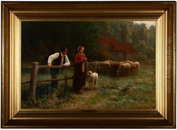 French Pastoral Scene With Figures And Sheep by Martin Coulaud