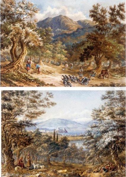 Figures And Guinea Fowl In A Woodland; A Distant View Of The Citadel, Corfu by Edward Hodges Cree