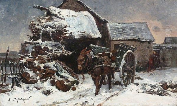 Charettedevant La Ferme Par Temps De Neige. by Emile Charles Dameron