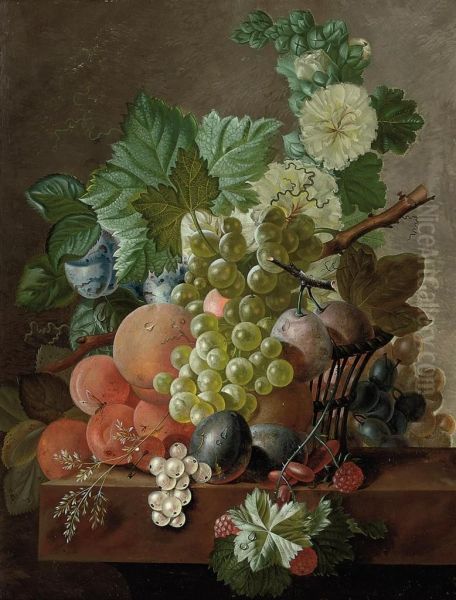 Grapes, Peaches, Plums, Gooseberries, Raspberries And Other Fruiton A Stone Ledge by Cornelis Johannes De Bruyn