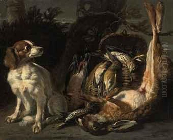 A Spaniel, With Dead Birds In A Basket And A Dead Rabbit, In Alandscape by David de Coninck