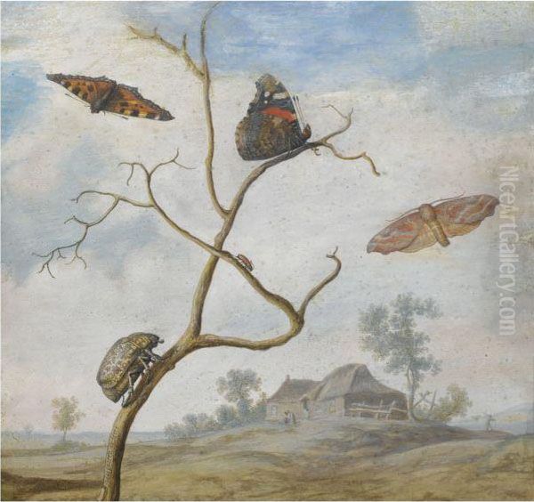 A Cockchafer On A Branch, Two Butterflies, A Moth And A Smallbeetle Above, And A Landscape Behind by Margaretha De Heer