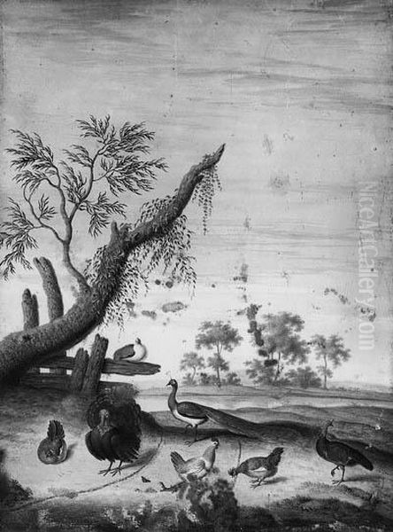 Turtles, Peacocks And Chickens Near A Pond In A Landscape by Margaretha De Heer