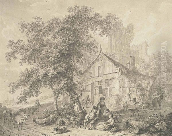 Harvesters Resting Beneath A Tree In A Farmyard by Hendrik Meijer