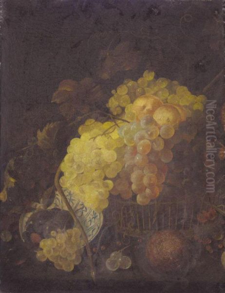 A Still Life With Grapes And Peaches In A Basket Together With A Porcelain Bowl, Plums And Blackberries by Thomas De Paep