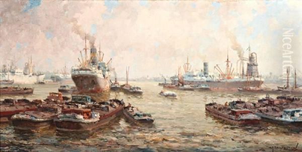 Bedrijvigheid In Rotterdamse Haven by Gerardus Johannes Delfgaauw