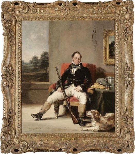 Portrait Of A Sportsman, Full Length, Seated With His Gun, His Hound Beside Him by Stephen Poyntz Denning