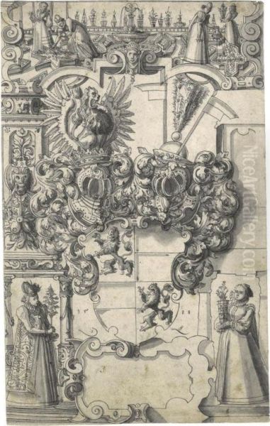 Armorial Design With Two Elegant Ladies Bearing Plants Flanking Thearms Of The Solms Family by Daniel Jungere Der Lindtmayer