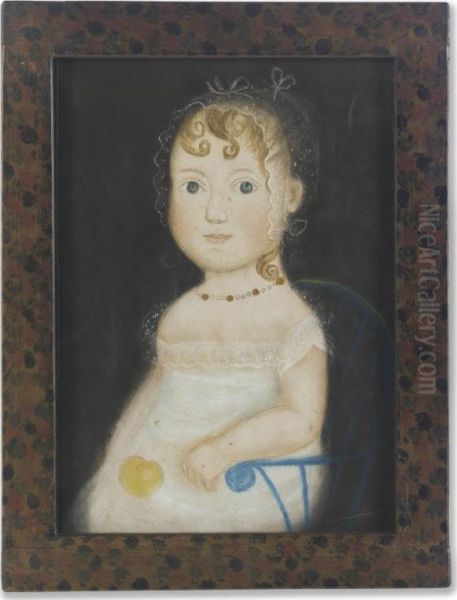 Portrait Of Rebecca Harris Of Scituate, Rhode Island In White Gown And Seated In A Blue Child's Windsor Sack-back Armchair by William Massey S. Doyle