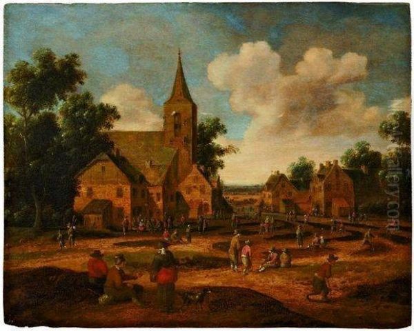 Scene De Village Avec Paysans Et Villageois Sur La Place Del'eglise by Cornelius Droochsloot