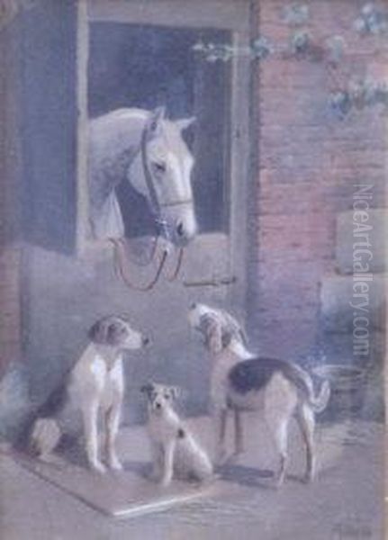 Hounds With A Horse In A Stable by Alfred Duke