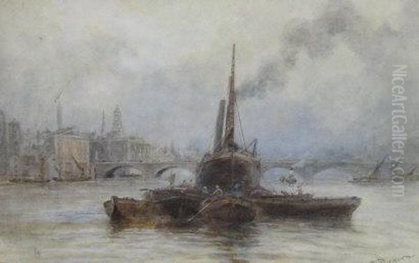 Thames Lighters Unloading Steam Boat Before Bridge On The Riverthames. by Walter Duncan