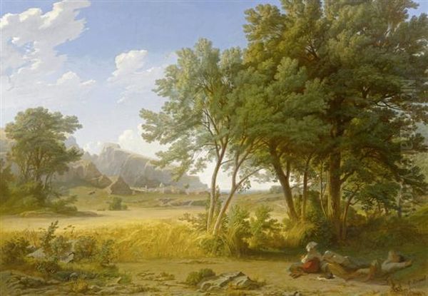 Broad Italian Landscape With Family Resting In The Foreground by Etienne Duval