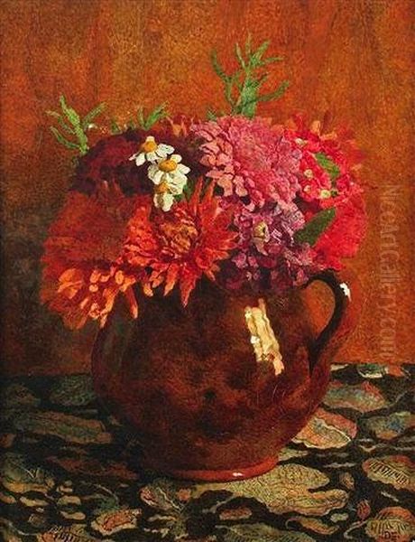 A Stoneware Jug Of Flowers Upon A Leaf Pattern Table Covering by Denis William Eden