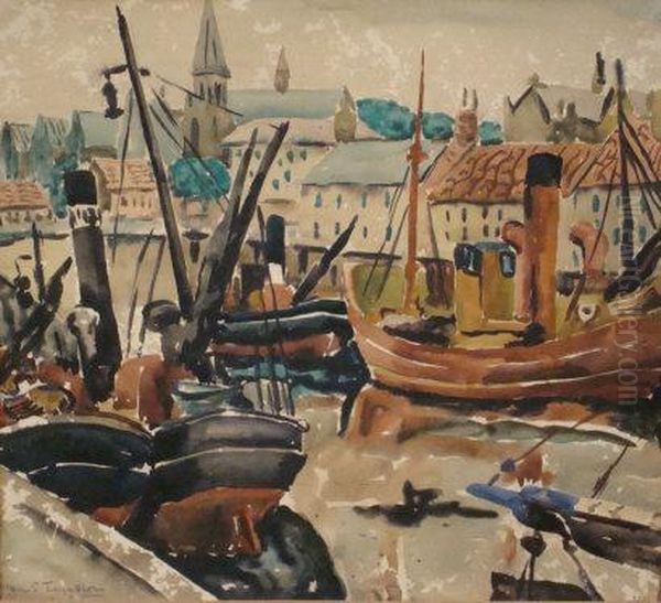 A Harbour Scene With Fishing Trawlers, A Quayside With Houses And A Church Beyond by Nan S. Ferguson