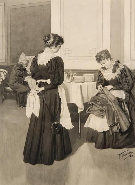 Maids In A Restaurant Interior by Max Flashar